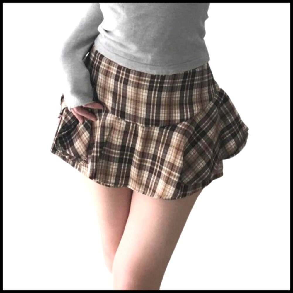 Plaid Pleated Mini Skirt Flared Hem High Waisted Polyester Wool